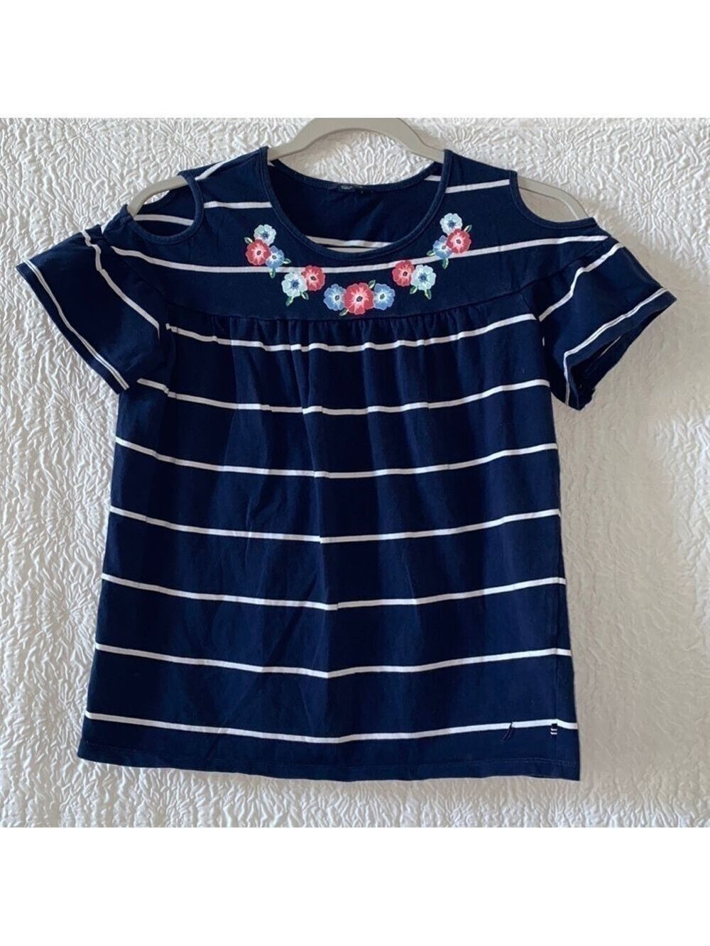 Nautica Striped Short Sleeve Floral Print Blouse